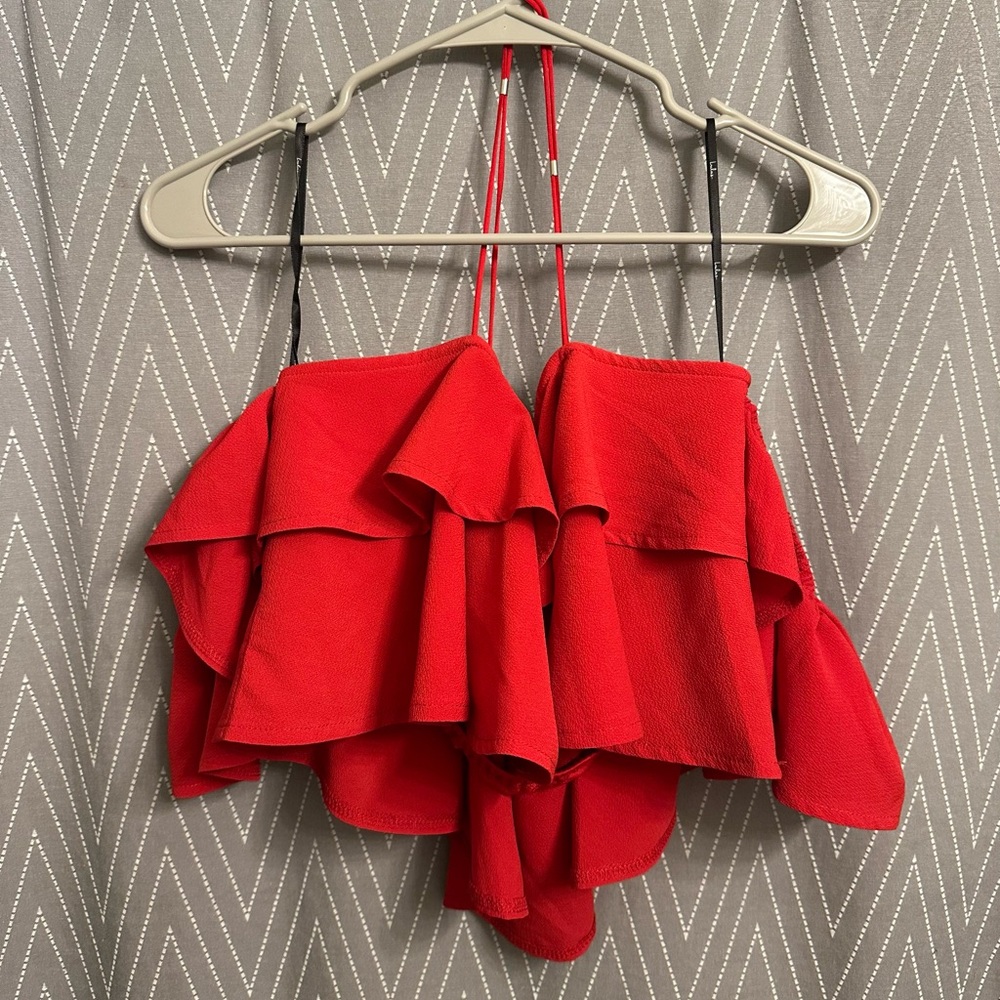 Lulus Red Ruffled Off-the-Shoulder Crop Top - Picture 3 of 4